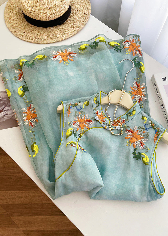 New Retro Sky Blue Embroidered Silk Oriental Dresses Sleeveless