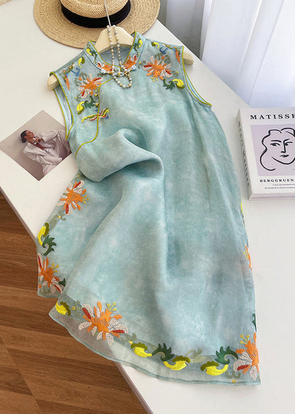 New Retro Sky Blue Embroidered Silk Oriental Dresses Sleeveless