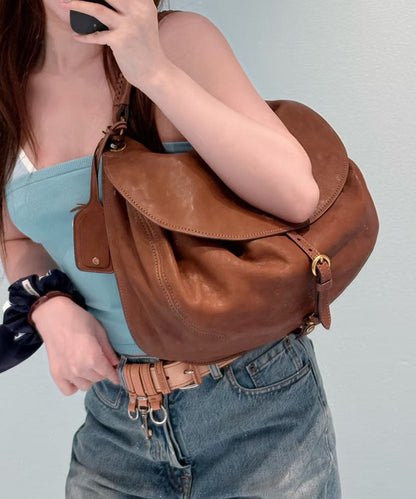 New Retro Style Brown Belt Buckle Calf Leather Shoulder Bag