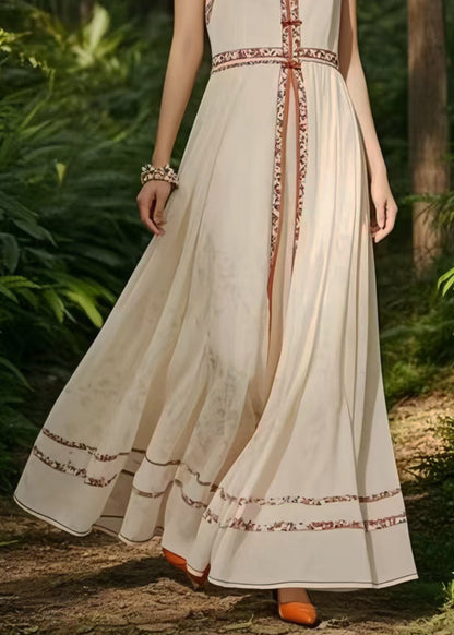 New Retro White Mandarin Collar Exra Large Hem Chiffon Oriental Dress Sleeveless