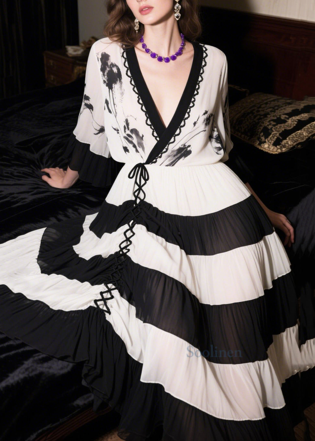 New Retro White Patchwork Cross Strap Chiffon Long Dress Summer