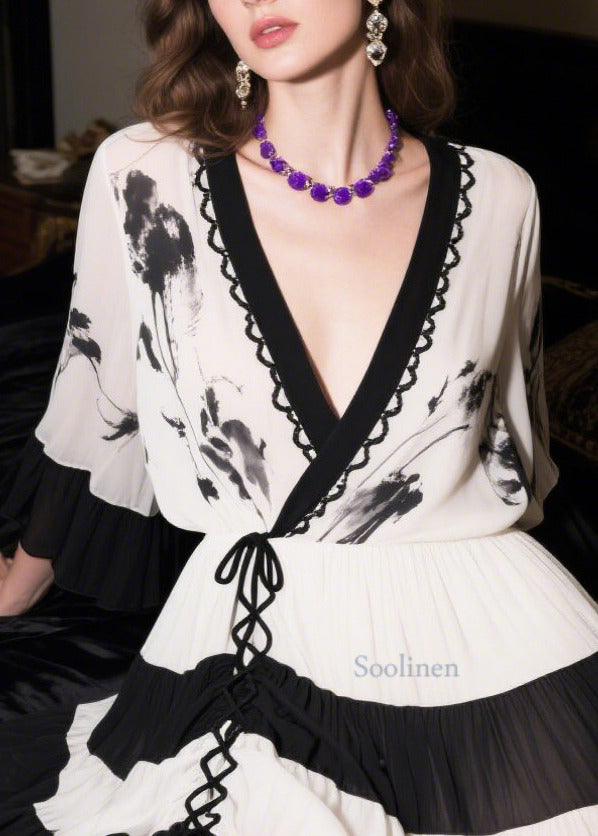 New Retro White Patchwork Cross Strap Chiffon Long Dress Summer