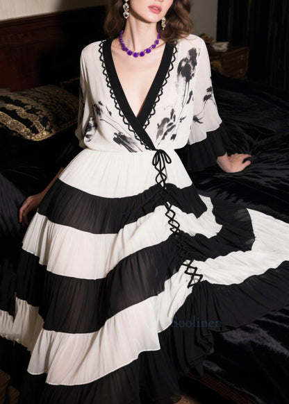 New Retro White Patchwork Cross Strap Chiffon Long Dress Summer
