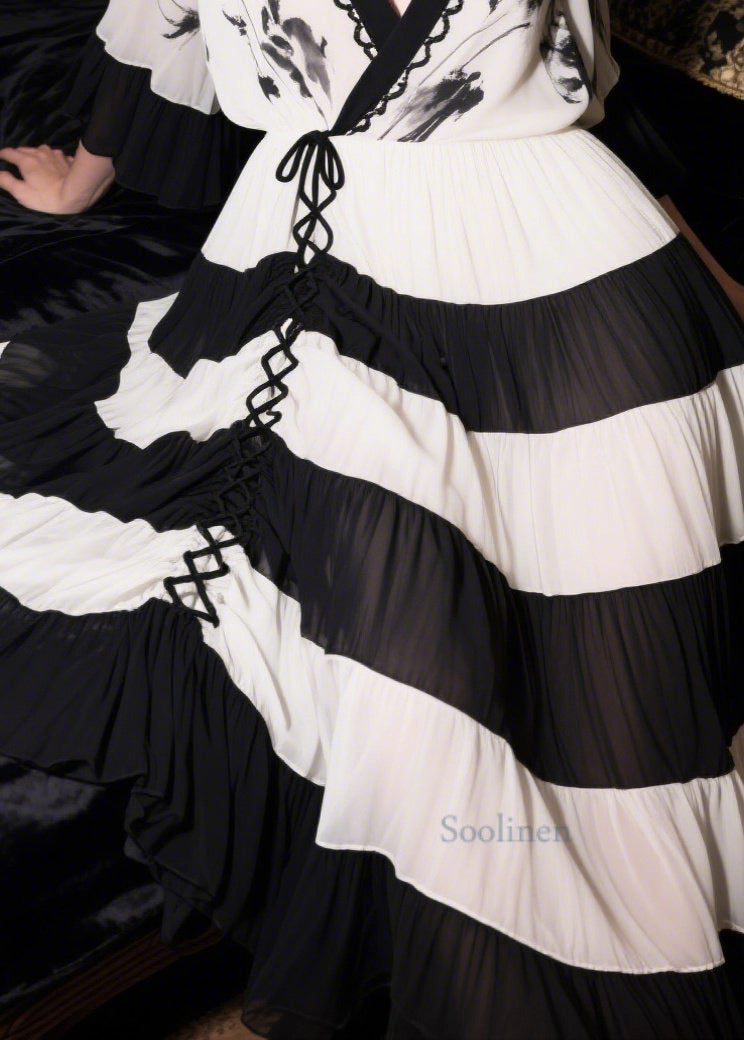 New Retro White Patchwork Cross Strap Chiffon Long Dress Summer