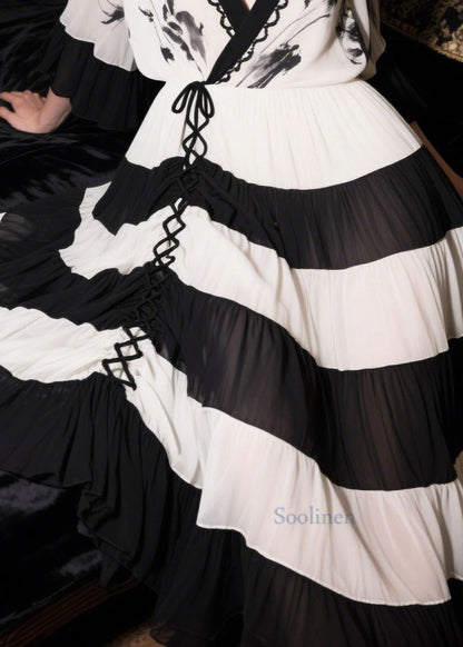 New Retro White Patchwork Cross Strap Chiffon Long Dress Summer