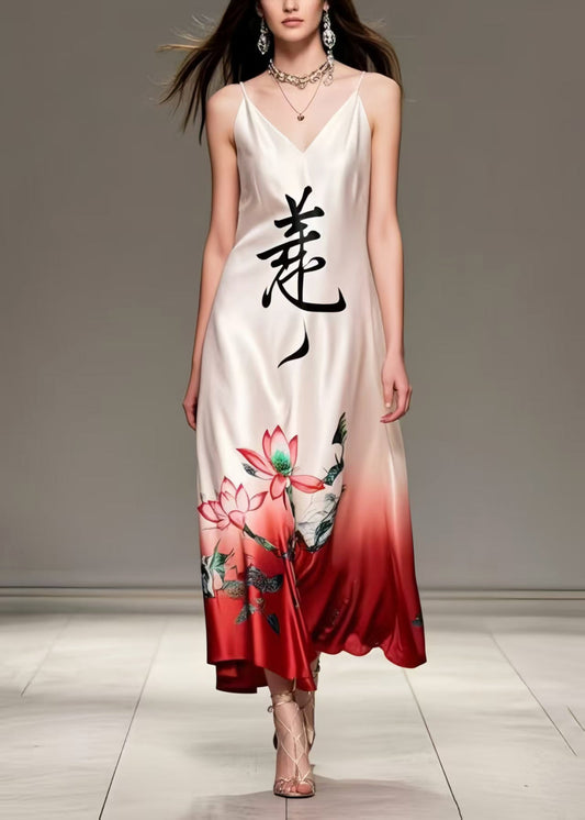 New Retro White V Neck Print Silk Spaghetti Strap Dress Summer