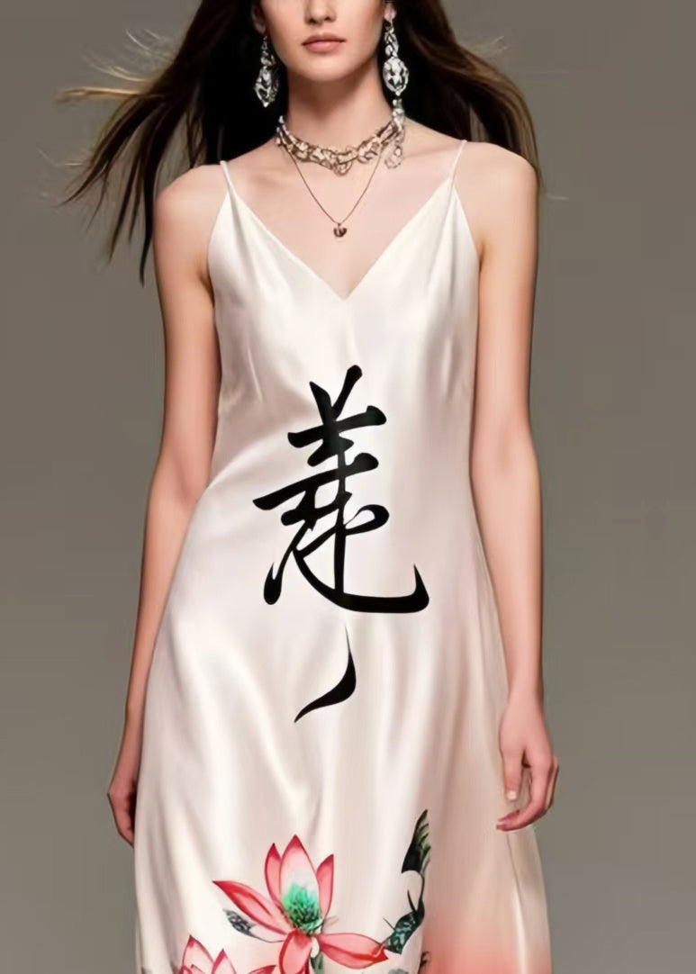 New Retro White V Neck Print Silk Spaghetti Strap Dress Summer