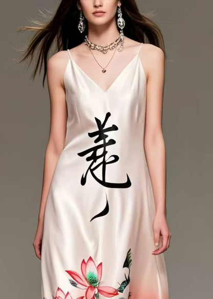 New Retro White V Neck Print Silk Spaghetti Strap Dress Summer