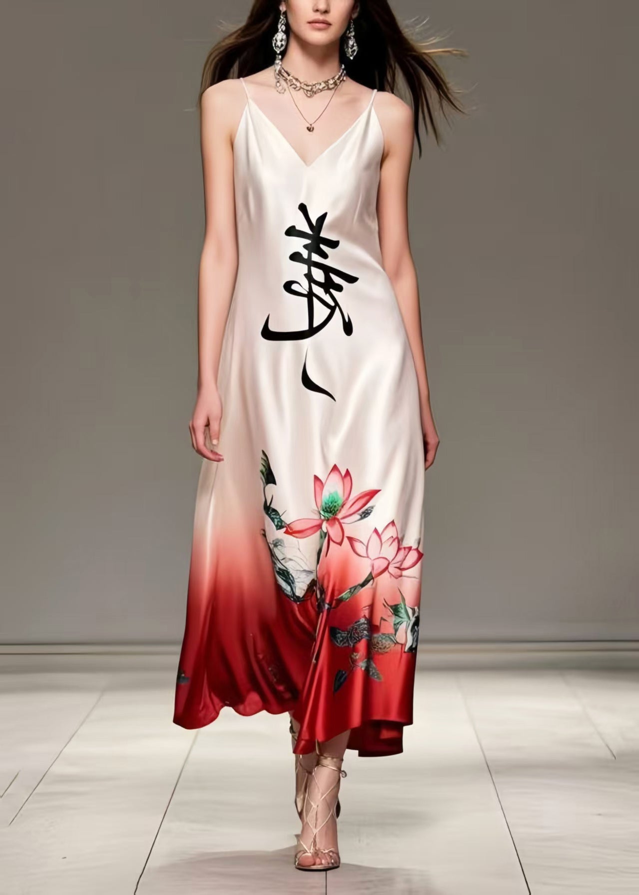 New Retro White V Neck Print Silk Spaghetti Strap Dress Summer