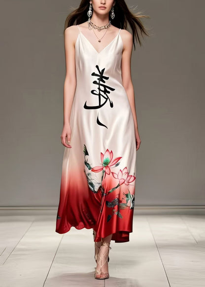 New Retro White V Neck Print Silk Spaghetti Strap Dress Summer