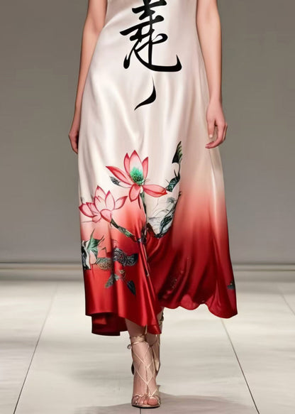 New Retro White V Neck Print Silk Spaghetti Strap Dress Summer