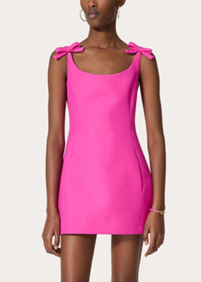 New Rose Bow Pockets Solid Cotton Mini Dress Sleeveless