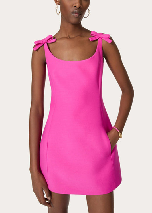 New Rose Bow Pockets Solid Cotton Mini Dress Sleeveless