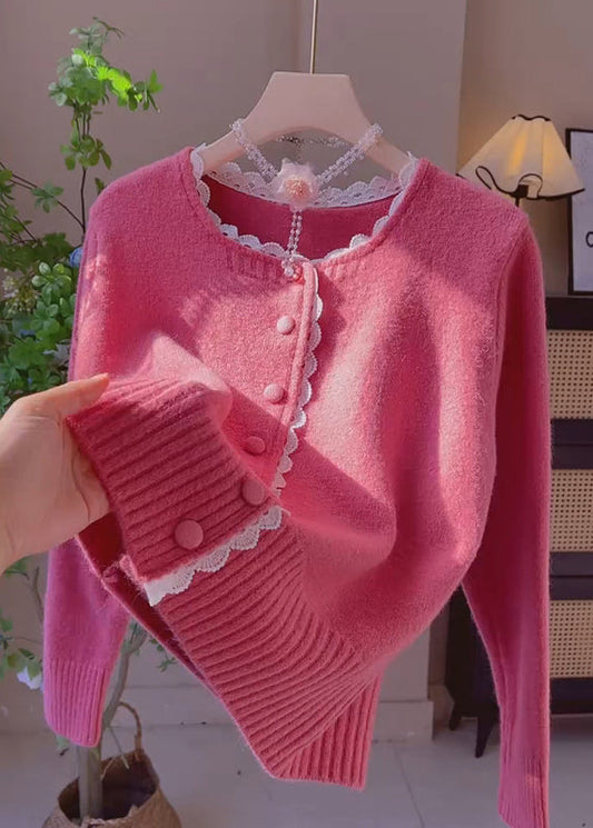 New Rose Lace Patchwork Solid Knit Cardigans Winter