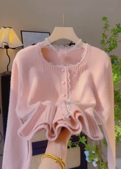 New Rose Lace Patchwork Solid Knit Cardigans Winter