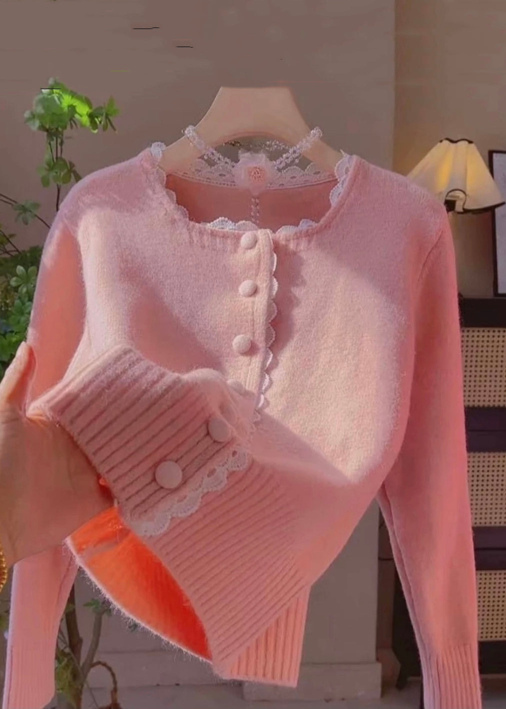 New Rose Lace Patchwork Solid Knit Cardigans Winter