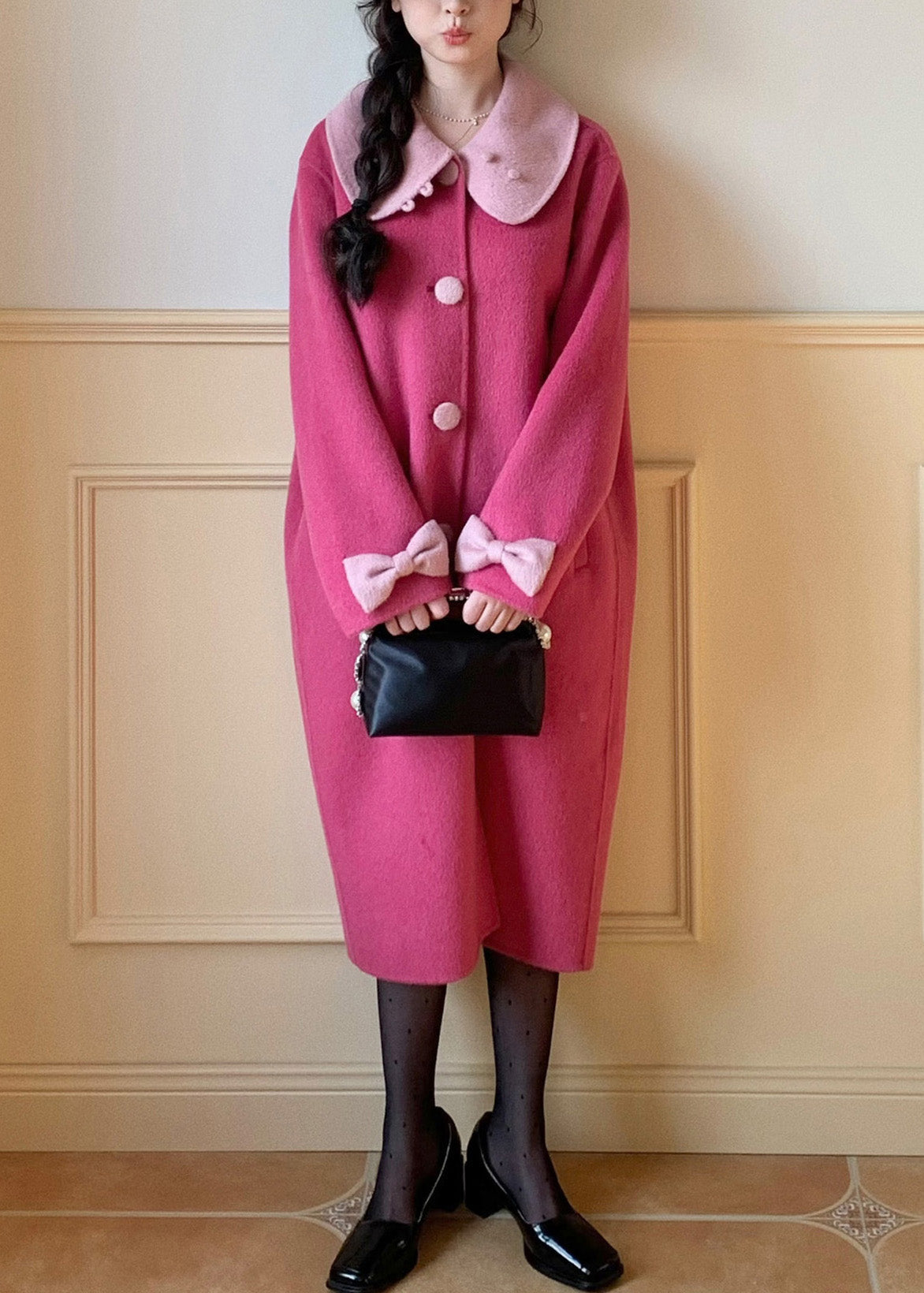 New Rose Peter Pan Collar Bow Wool Long Coats Winter