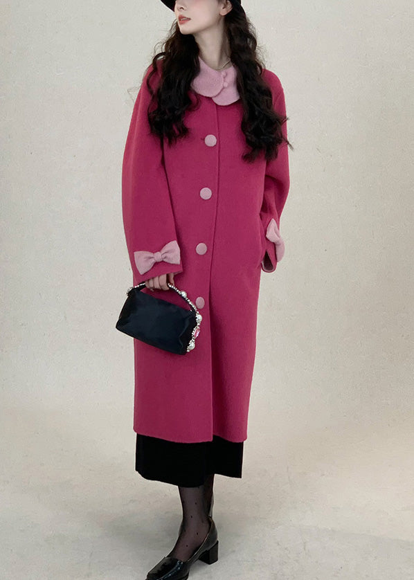 New Rose Peter Pan Collar Bow Wool Long Coats Winter