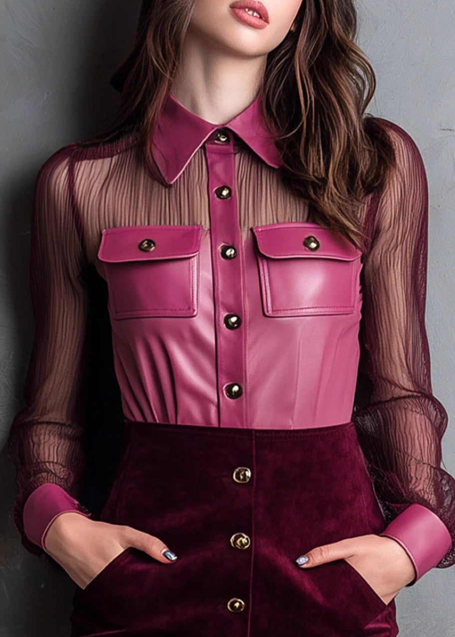 New Rose Peter Pan Collar Faux Leather Patchwork Velour Blouses Fall