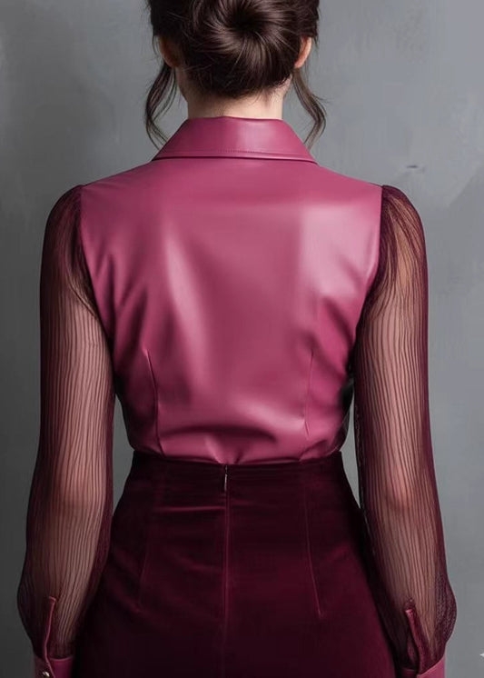 New Rose Peter Pan Collar Faux Leather Patchwork Velour Blouses Fall