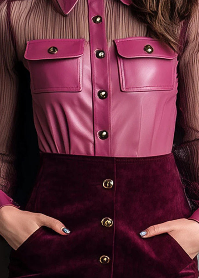 New Rose Peter Pan Collar Faux Leather Patchwork Velour Blouses Fall