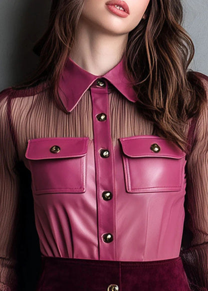 New Rose Peter Pan Collar Faux Leather Patchwork Velour Blouses Spring