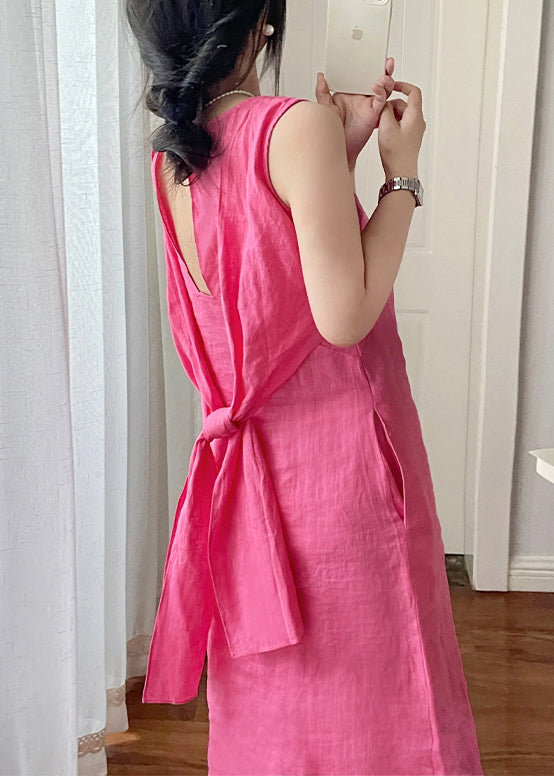 New Rose Pockets Lace Up Linen Dresses Sleeveless