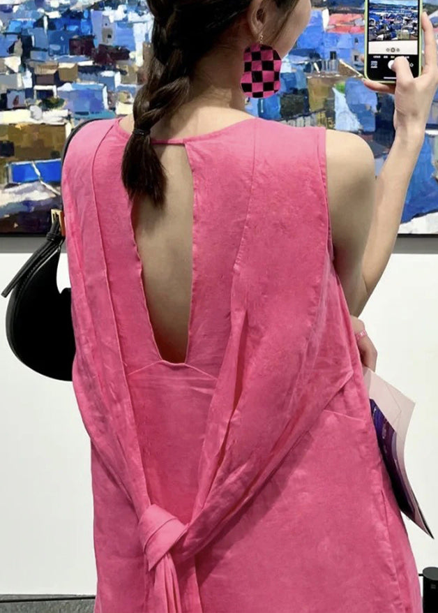 New Rose Pockets Lace Up Linen Dresses Sleeveless