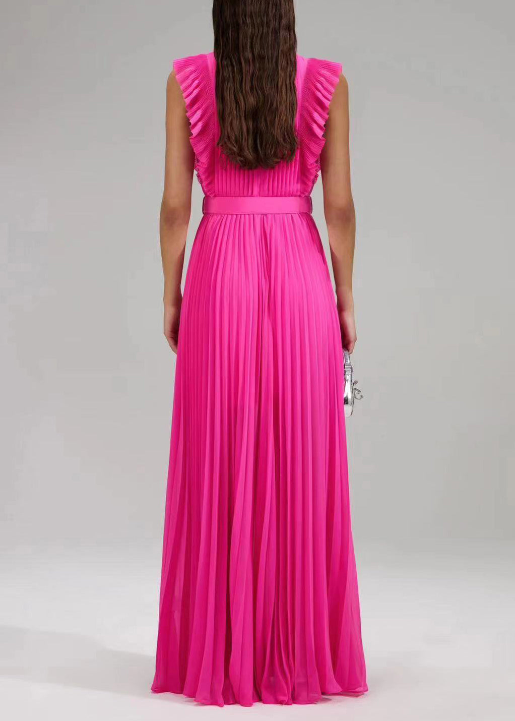 New Rose Ruffled Button Sashes Chiffon Maxi Dresses Sleeveless