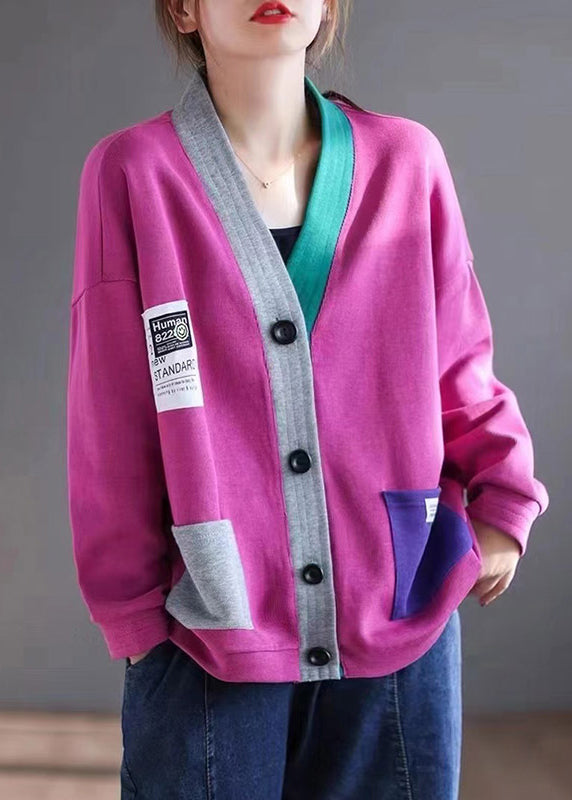 New Rose V Neck Button Patchwork Cotton Cardigan Spring