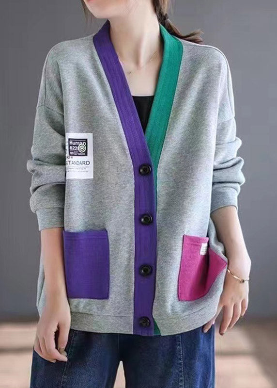 New Rose V Neck Button Patchwork Cotton Cardigan Spring