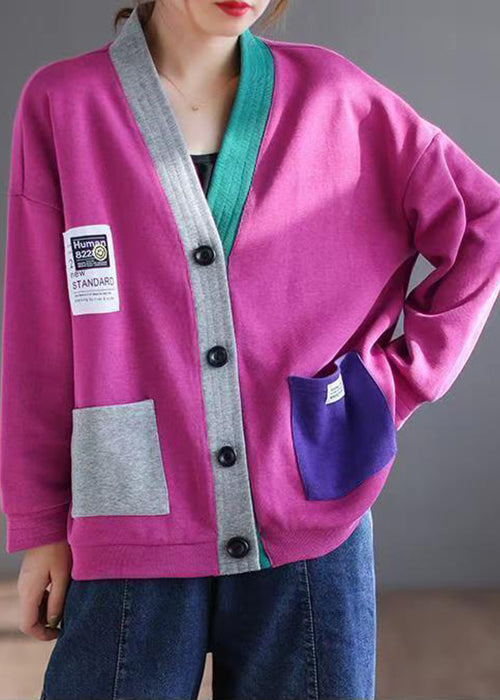 New Rose V Neck Button Patchwork Cotton Cardigan Spring