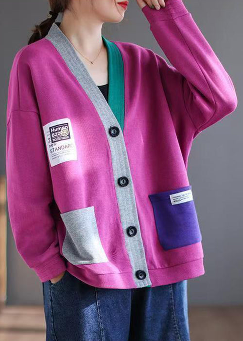 New Rose V Neck Button Patchwork Cotton Cardigan Spring
