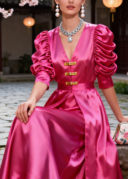 New Rose V Neck Puff Sleeve Wrinkled Patchwork Silk Dress