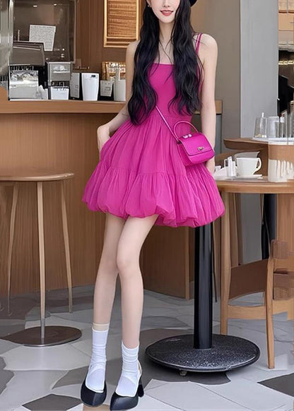 New Rose Wrinkled Solid Cotton Spaghetti Strap Dress Sleeveless