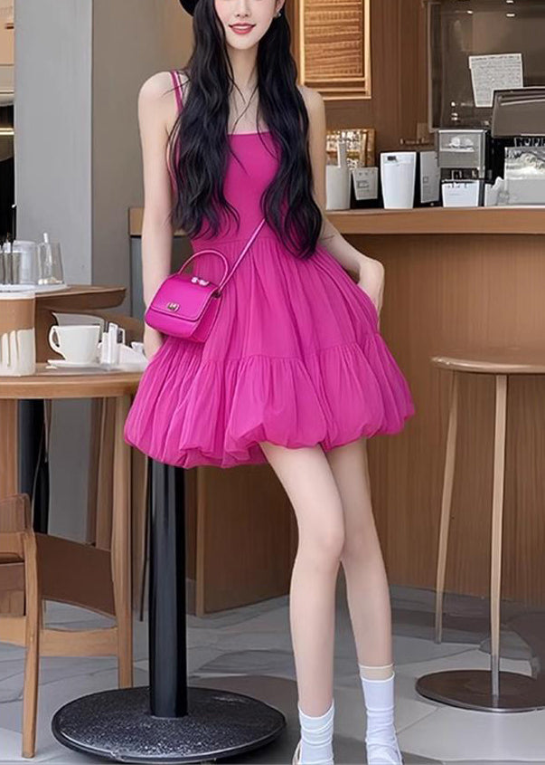 New Rose Wrinkled Solid Cotton Spaghetti Strap Dress Sleeveless