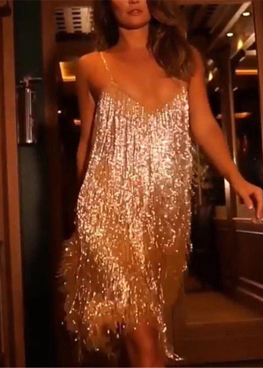 New Sexy V-Neck Gold Tassel Sequined Suspender Dress