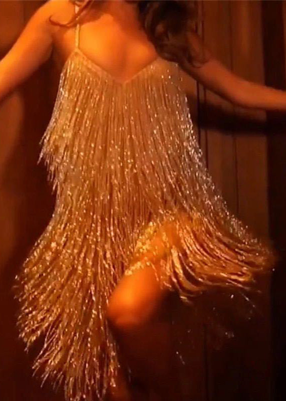 New Sexy V-Neck Gold Tassel Sequined Suspender Dress
