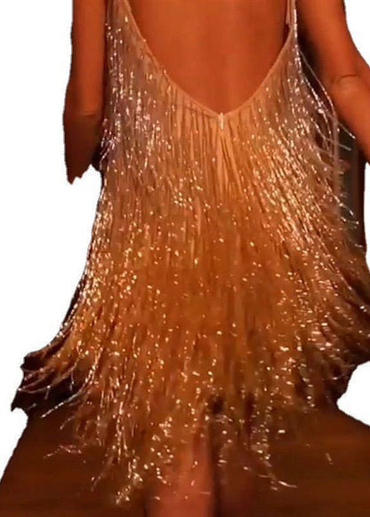 New Sexy V-Neck Gold Tassel Sequined Suspender Dress