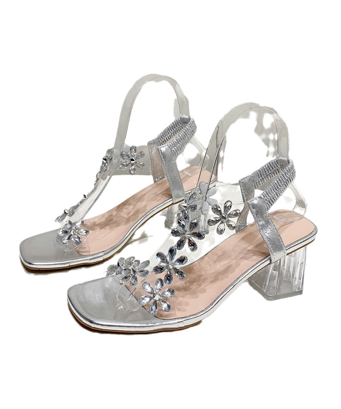 New Silver Floral Square Toe Headed Clear Chunky Heel Sandals