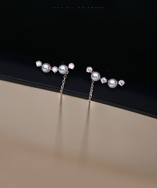 New Silver Tassel Pearl Zircon Silver Drop Earrings