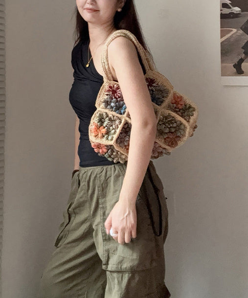 New Straw Woven Vacation Beach Colorful Flower Tote Bag