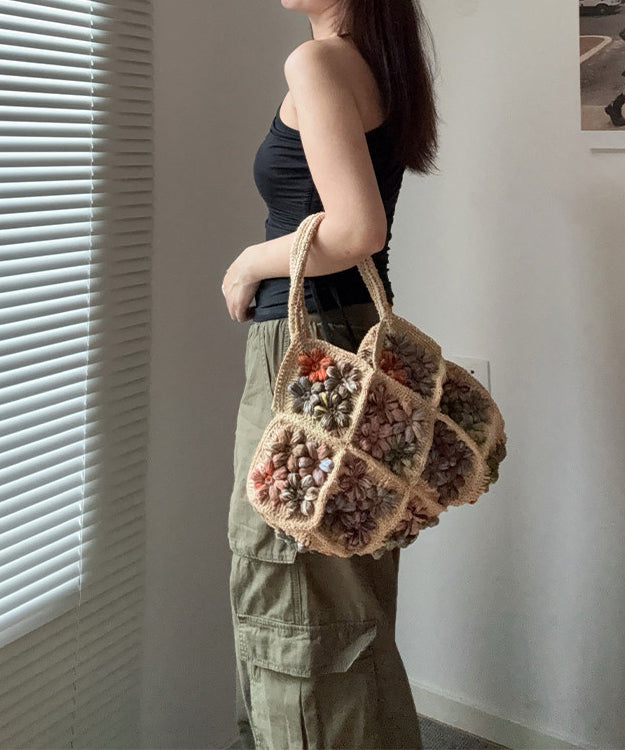 New Straw Woven Vacation Beach Colorful Flower Tote Bag