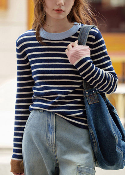 New Striped O Neck Patchwork Cozy Knit Sweaters Long Sleeve