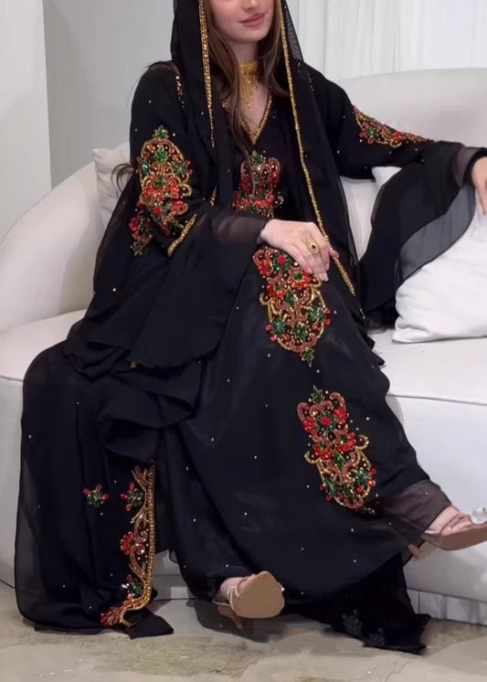 New Style Black Embroidered Robe Dress Two Pieces Set Summer
