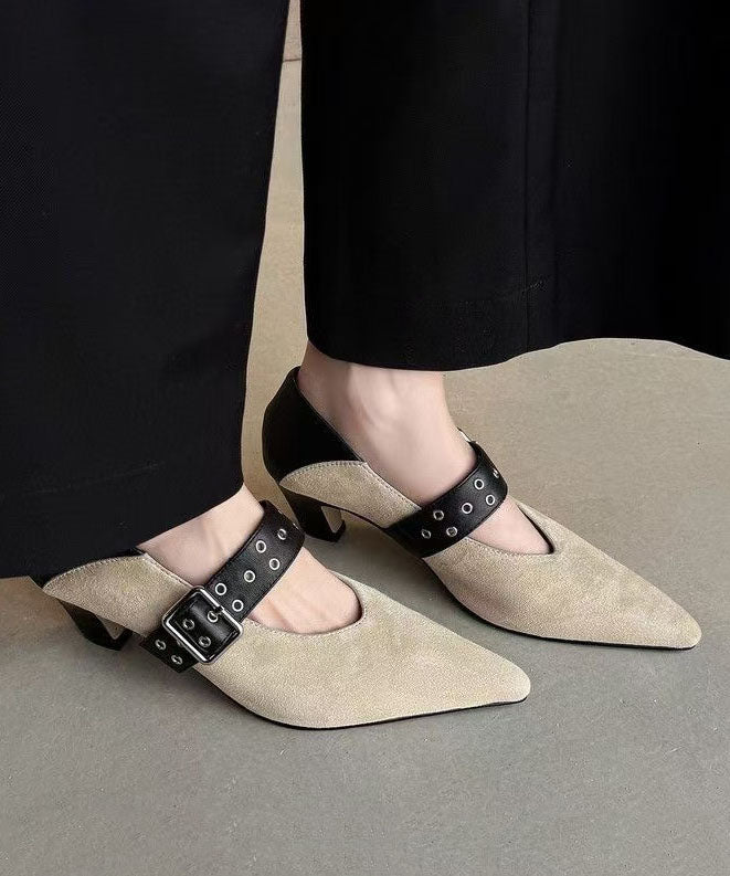 New Suede Splicing Chunky Heel Apricot Cowhide Leather Buckle Strap