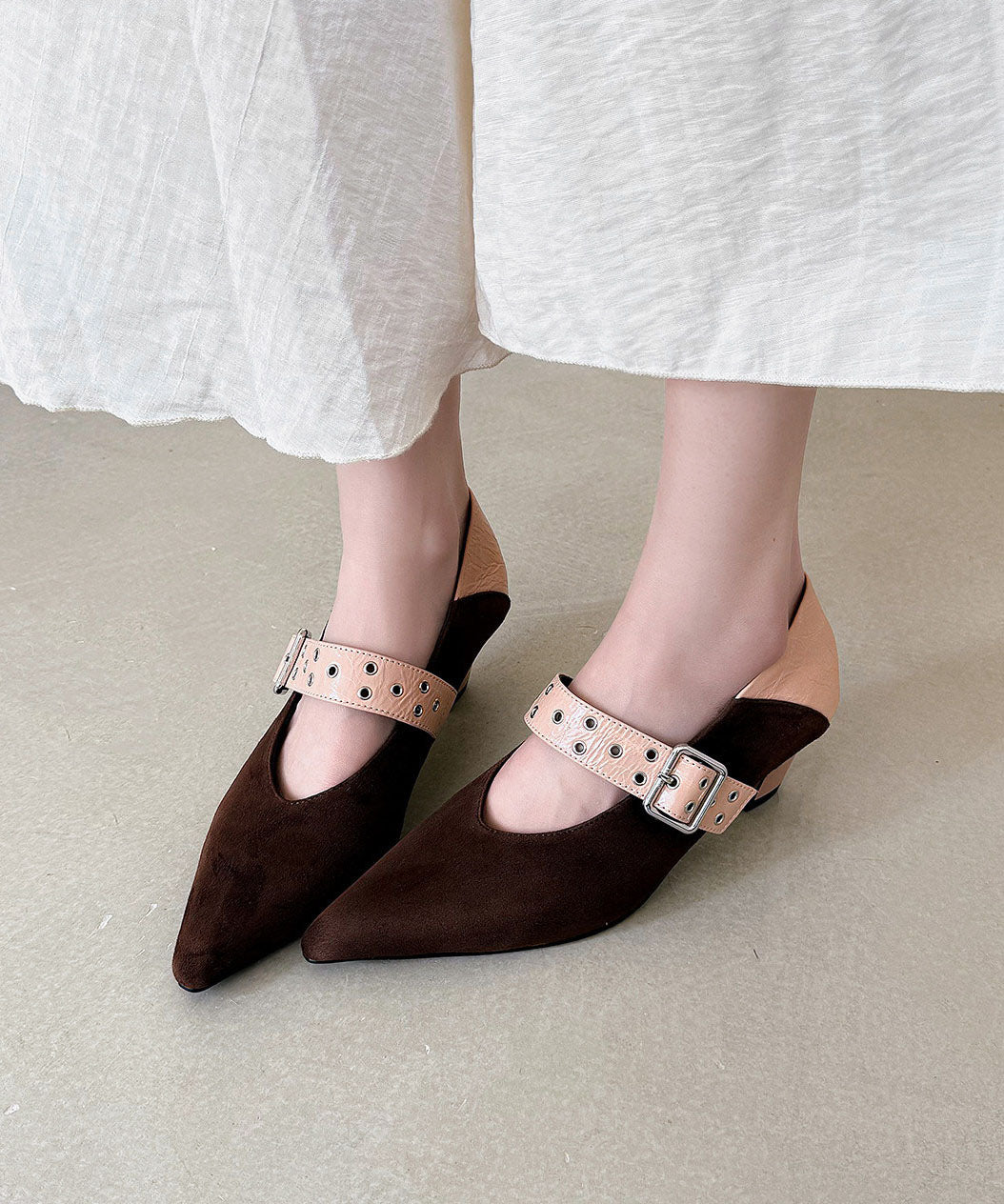 New Suede Splicing Chunky Heel Apricot Cowhide Leather Buckle Strap
