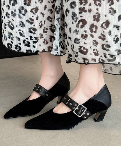 New Suede Splicing Chunky Heel Apricot Cowhide Leather Buckle Strap
