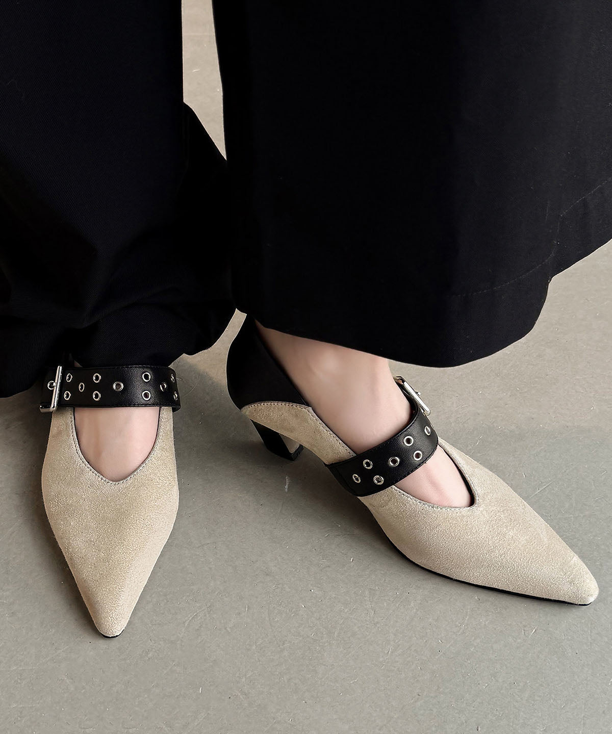 New Suede Splicing Chunky Heel Apricot Cowhide Leather Buckle Strap
