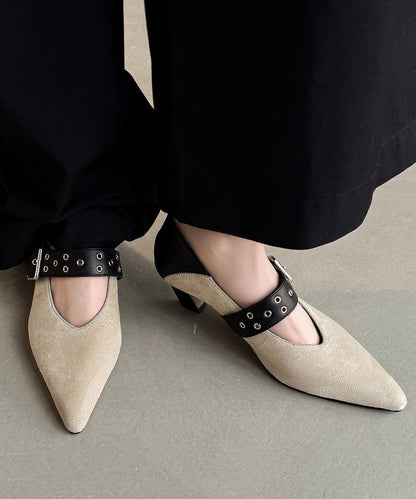 New Suede Splicing Chunky Heel Apricot Cowhide Leather Buckle Strap